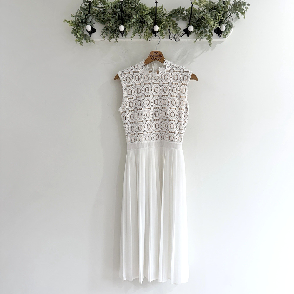Ivy City Co Arabella Lace Dress White Pleaded Midi Bridal Small M6002 sleeveless
